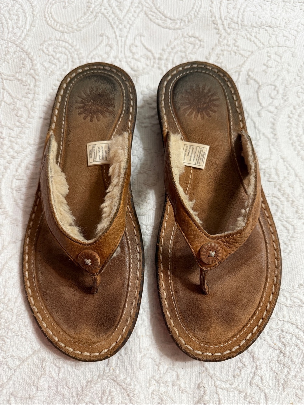 UGG Thong Sandals Size 6 Brown Leather Shearling Lining